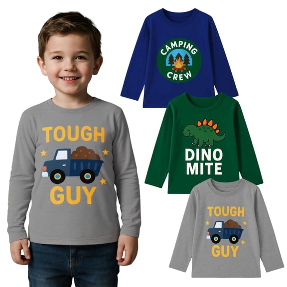 HILEELANG Toddler Boys Long Sleeve T-Shirts 3-Pack, Cotton Graphic Crewneck Tees, Camping Dinosaur & Truck, Size 2-7Y