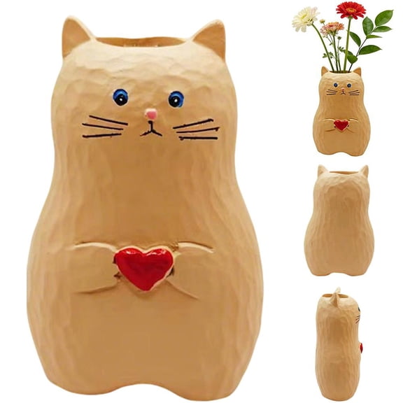 Cat Vase Handmade Resin Vase, 2026 New Home Decor Small Vases, Cute Cat Statue Holding Heart Shaped, Modern Creative Cats Decor