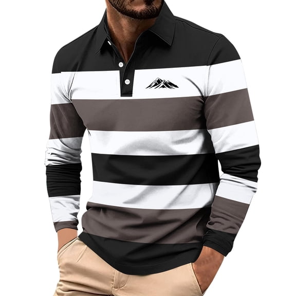 Zylanna Men's Long Sleeve Polo Shirts, Turndown Collar Spring Fall Striped Slim Fit Casual Pullover Tops for Man Black
