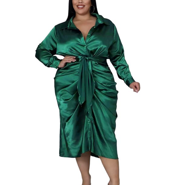 Avamo Women Midi Dresses Long Sleeve Shirt Dress Lapel Casual Travel Green  3XL 