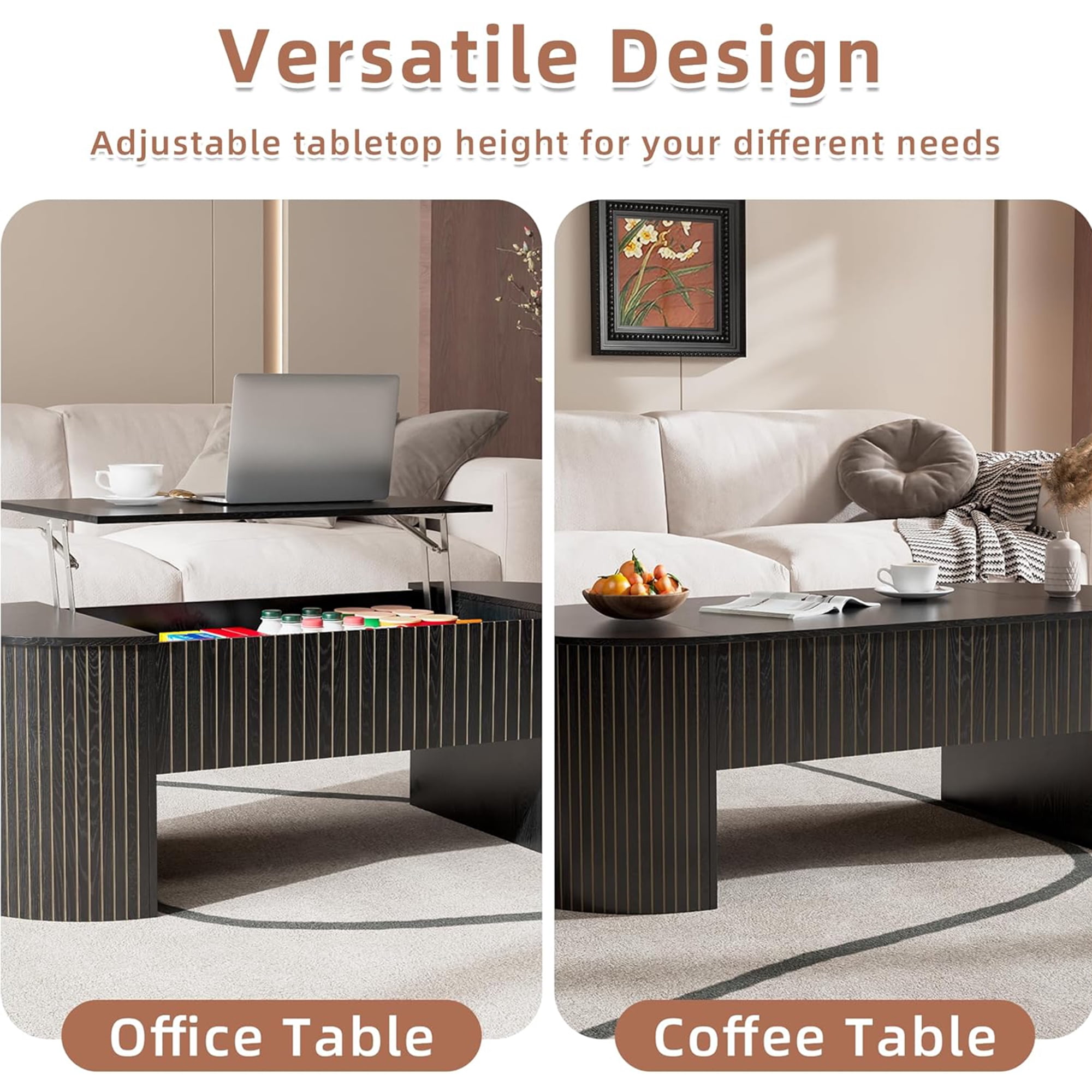 Lift Top Coffee Table with Storage, Oval Center Table with Hidden Compartment, Modern Coffee Table for Living Room, Black
