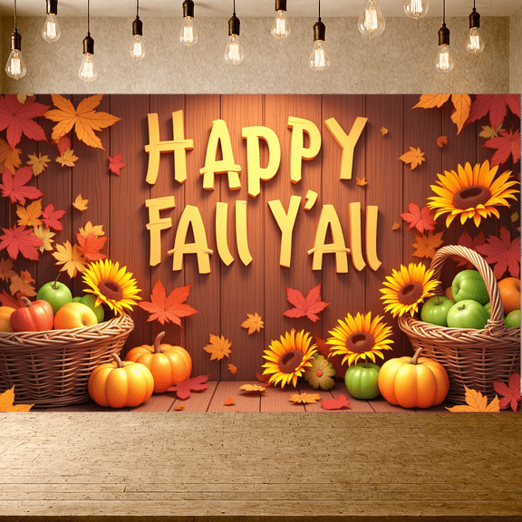 Decorative Design Happy Fall Banner Leaf Pattern Wooden Background Floral Basket for Autumn Decoration Outdoor Party Thanksgiving
