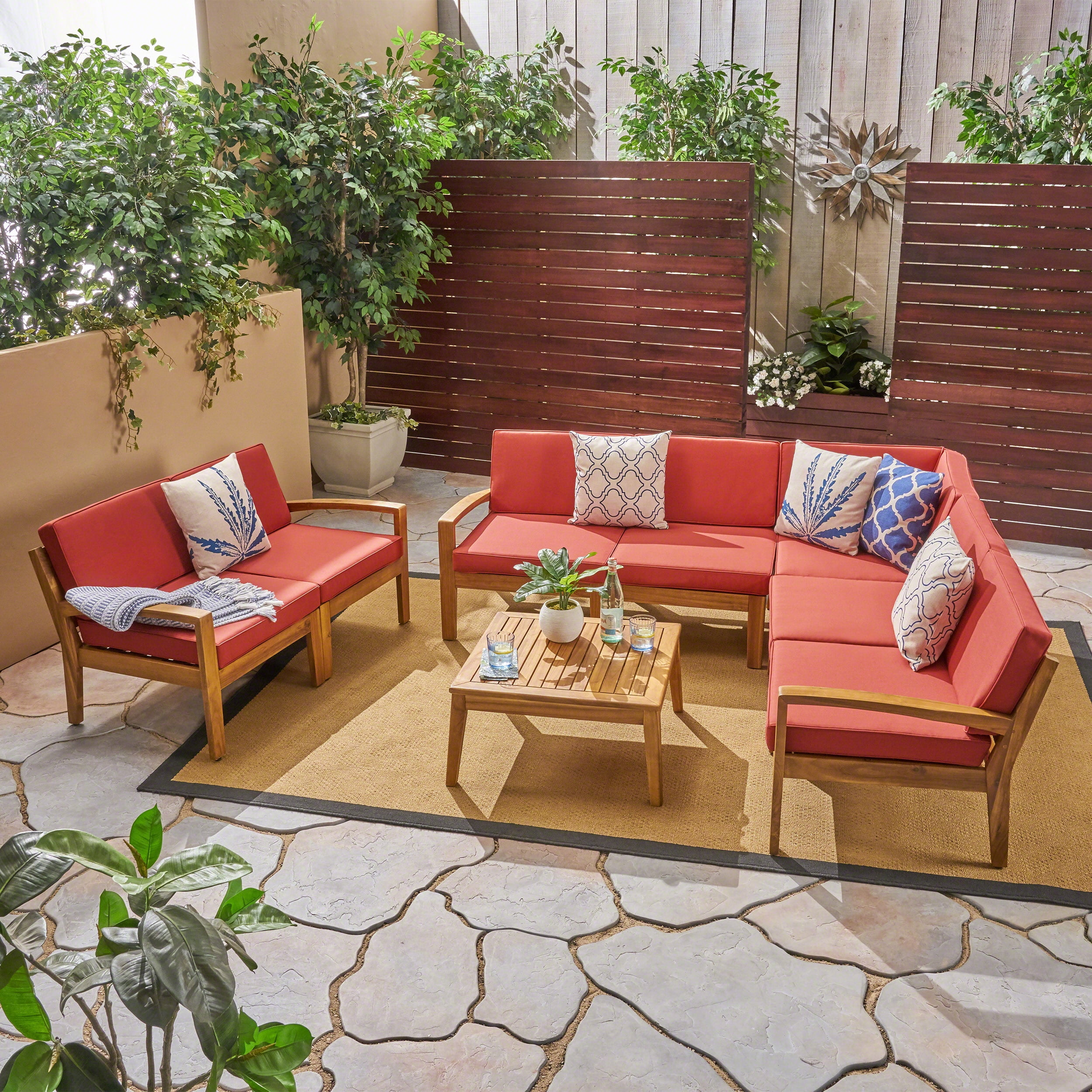 Wilcox Outdoor 8 Piece Sectional Sofa Set with Cushions, Teak, Red