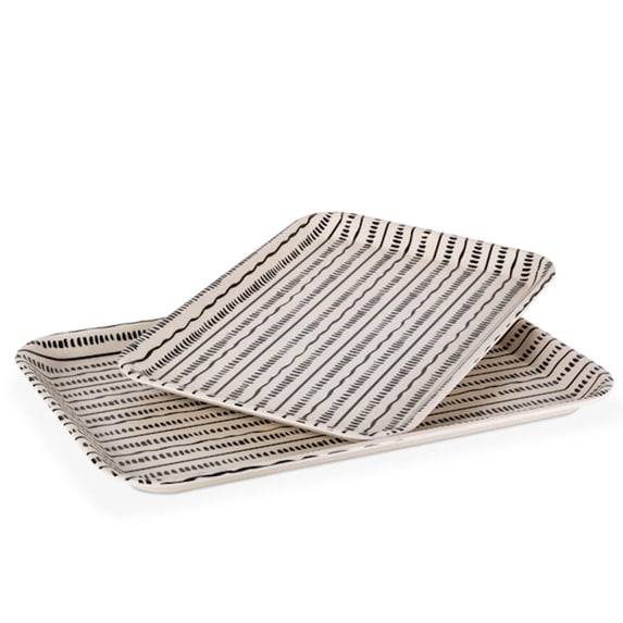 Gerson 95257 - Set of 2 Black and White, Dash / Line Design, Bamboo Fibre Rectangle Tray Kitchen Dining Serving