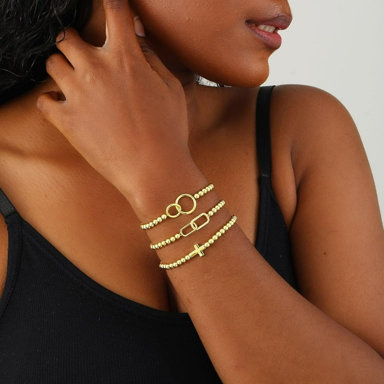 Gold Bracelets for Women 14K Gold Plated Bead Bracelet Cross