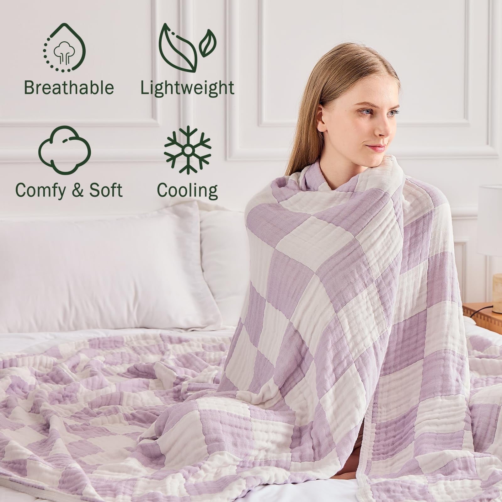 EMME Checkered Blanket Muslin Throw Cotton Bed Blankets for Adults 6 Layer 60"x80" Lightweight Soft Breathable All Season Gauze Blanket, Checkeredboard Purple
