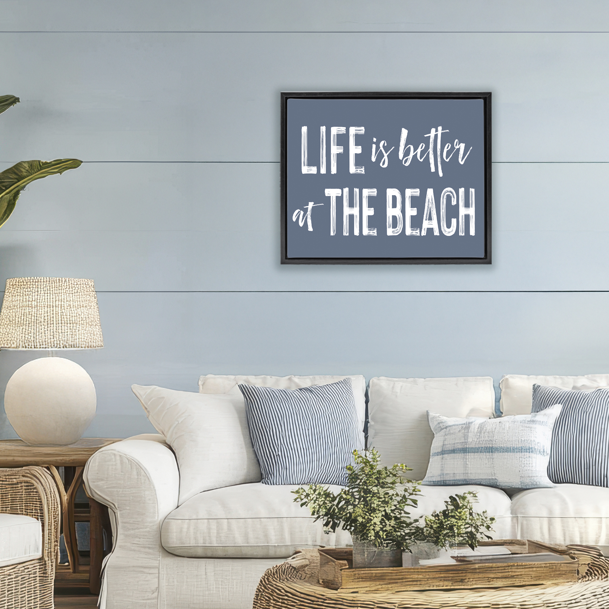 Life Better At Beach Blue Black Framed Floater Canvas Wall Art, design by Lettered and Lined