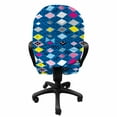 thumbnail image 3 of Geometric Office Chair Slipcover, Modern Pattern of Diamond Shapes Triangles Polka Dots and Brush Hits, Protective Stretch Decorative Fabric Cover, Standard Size, Cobalt Blue Multicolor, by Ambesonne, 3 of 5