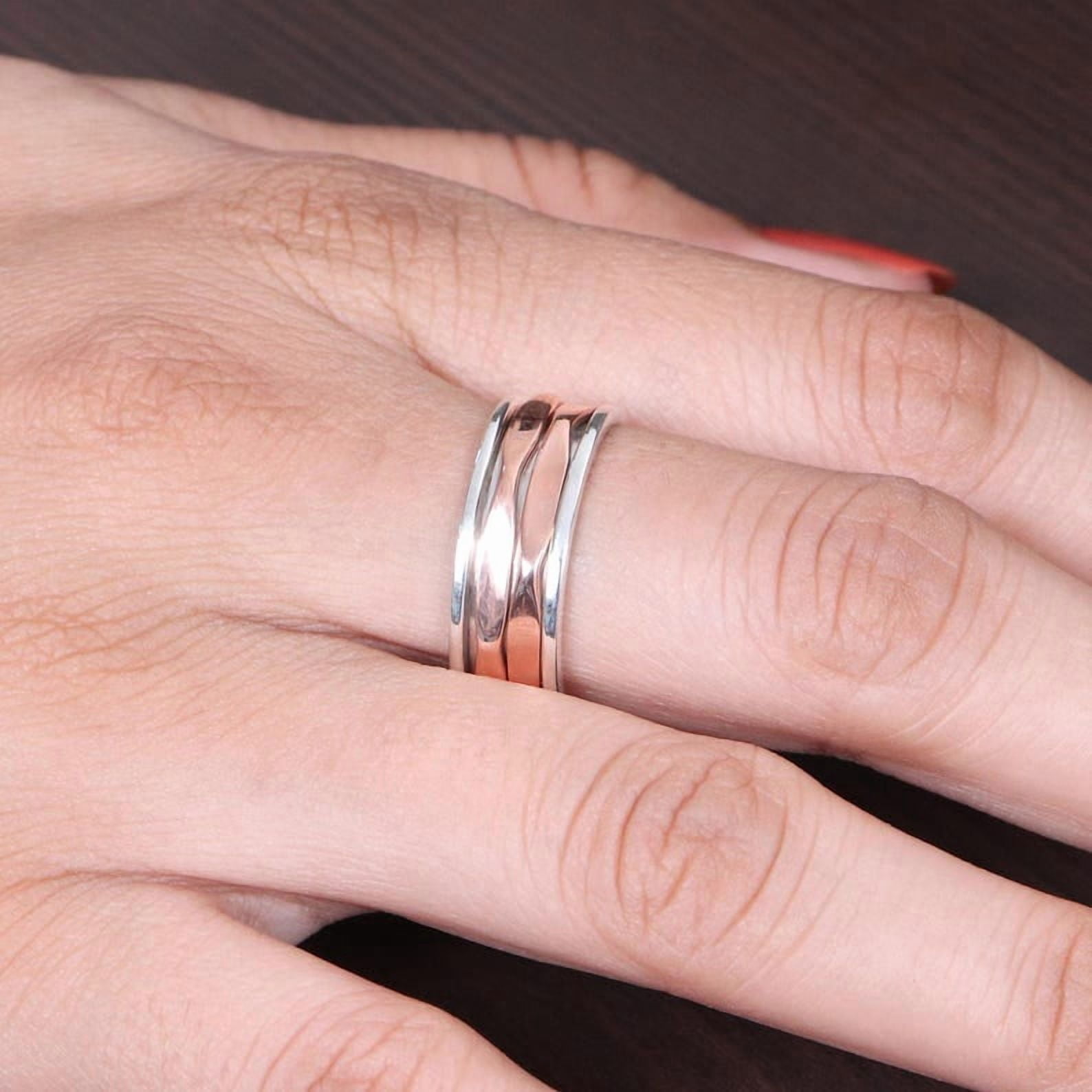Earth Gems Jewelry Fidget Spinner Ring Sterling Silver Women’s Two-Tone Wave Band Ring
