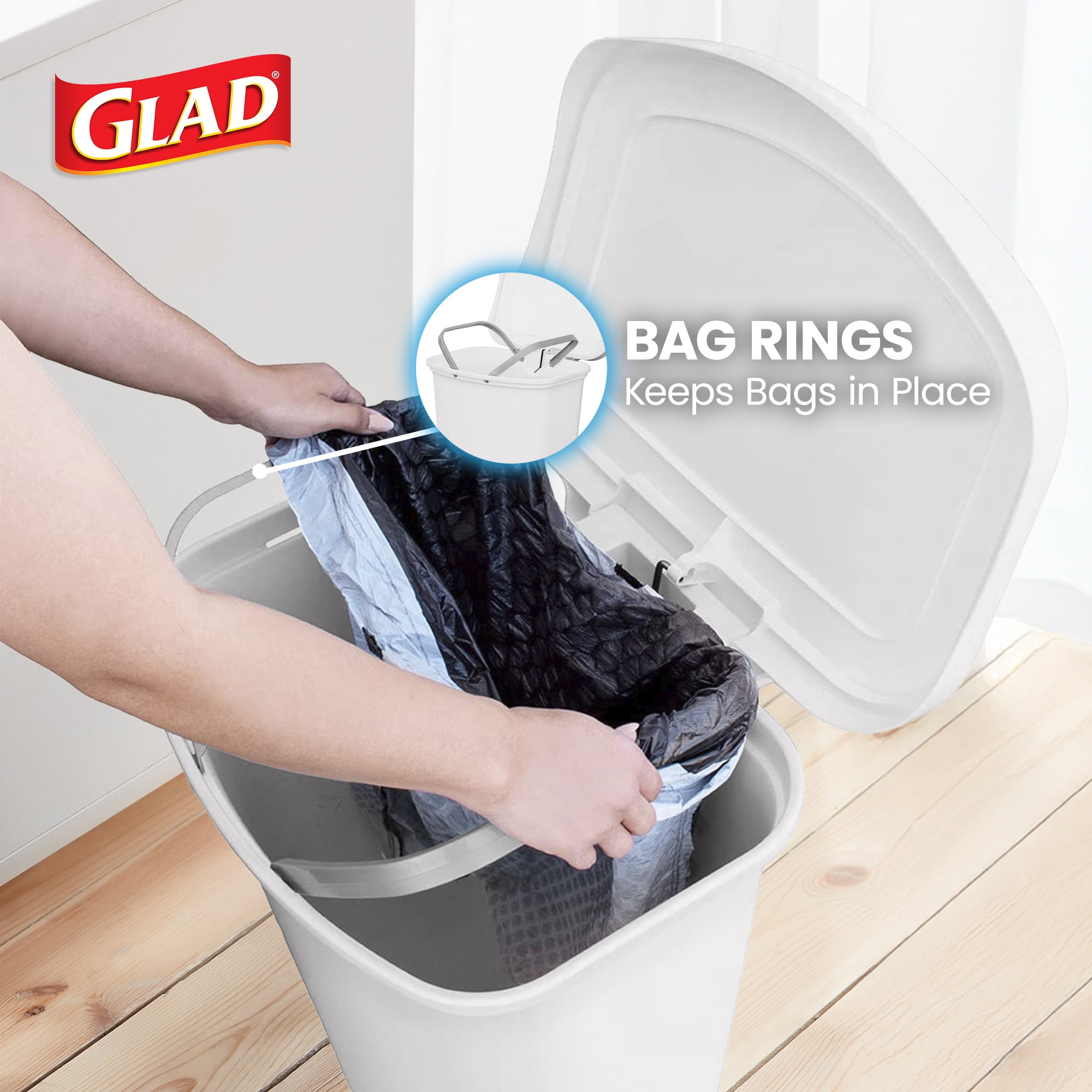 Glad Kitchen Trash Can with Lid, Step Foot Pedal and Garbage Bag Rings, 13 Gallon, White