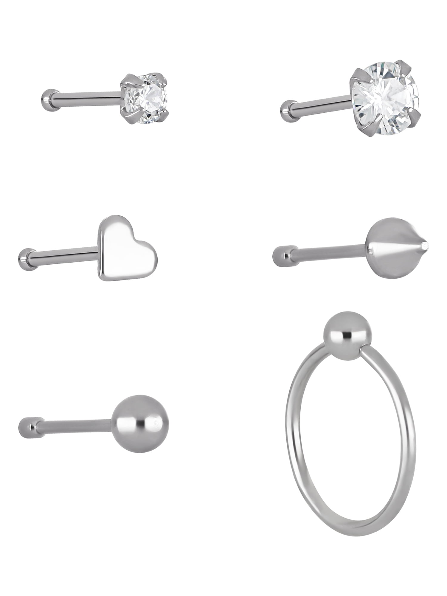 Adult Women's 22-Gauge Stainless Steel & Crystal Multi Shape Nose Piercing Jewelry 6 Pack