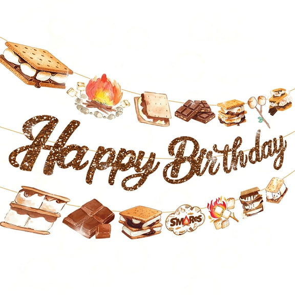 S'mores Birthday Banner Set - Happy Birthday Glitter Letters & Campfire Dessert Theme Decorations
