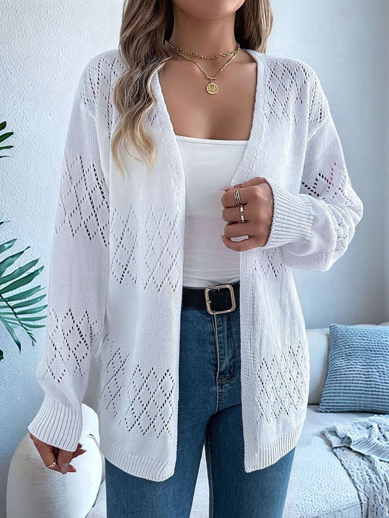 Womens Summer Crochet Cardigan Long Sleeve Light-Weight Casual Knit Sweaters White M