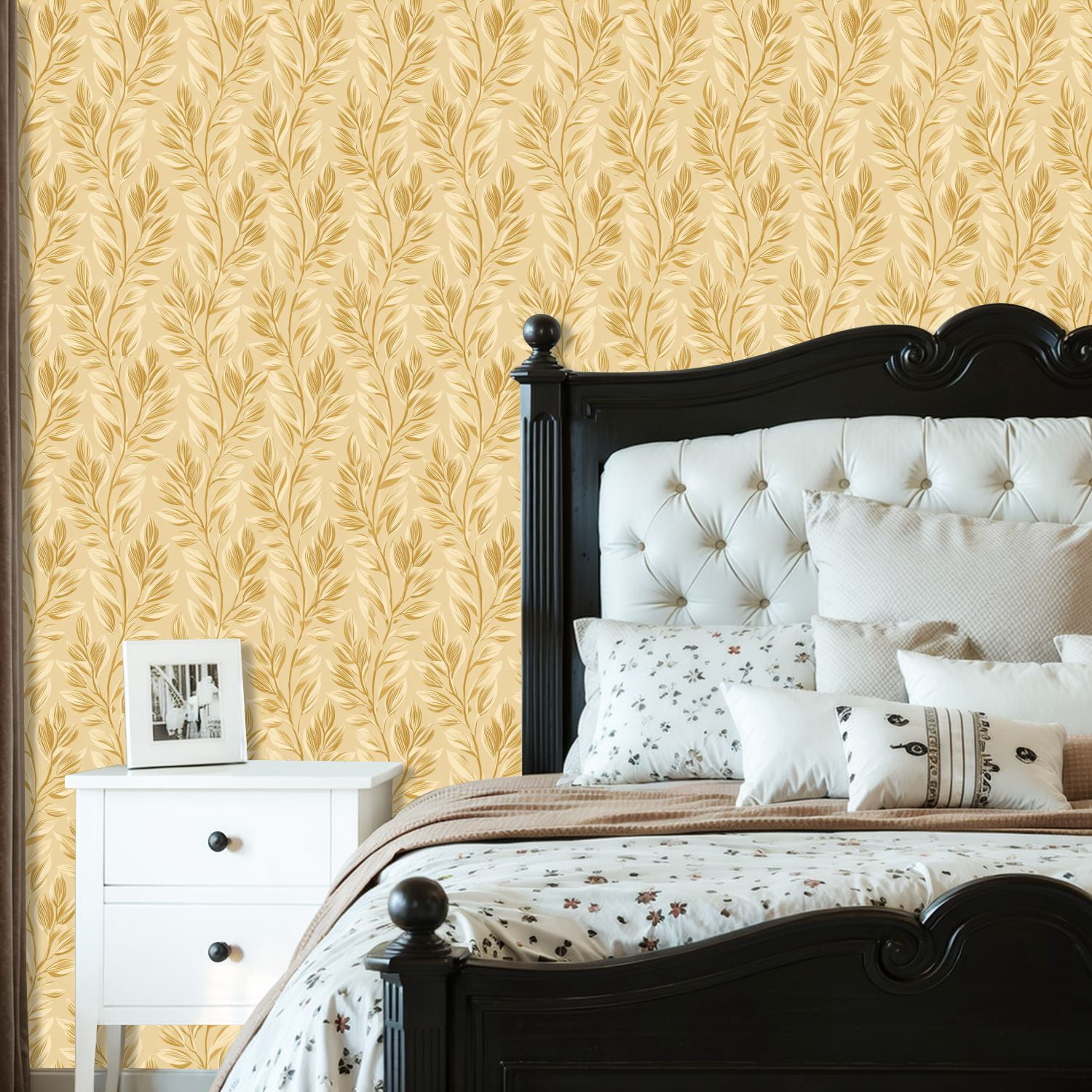 Peel and Stick Wallpaper Vintage Golden Leaf Cream Wall Mural 23.6in x 9.8ft Self Adhesive Removable Wall Paper Renter Friendly Wallpaper for Bedroom Studio Lake House