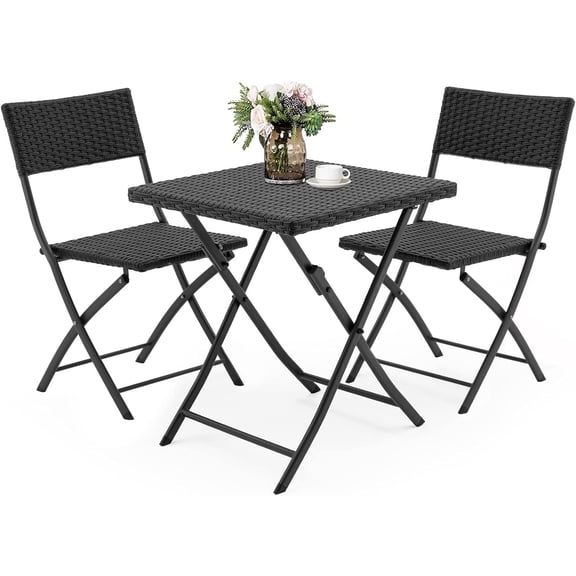 3 Pieces Outdoor Patio Bistro Set, All Weather Brown PE Rattan Patio Furniture Sets with Folding Patio Square Table and Chairs for Garden,Backyard,Balcony,Porch (Black)
