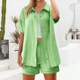 thumbnail image 5 of GILIGEGE 2 Piece Linen Set for Women Women's Fashionable and Casual Solid Color Double Layer Wrinkled Single Pocket Short Sleeve Top Shorts Set Button Down Shirts and Shorts Beach Outfit Sets, 5 of 9