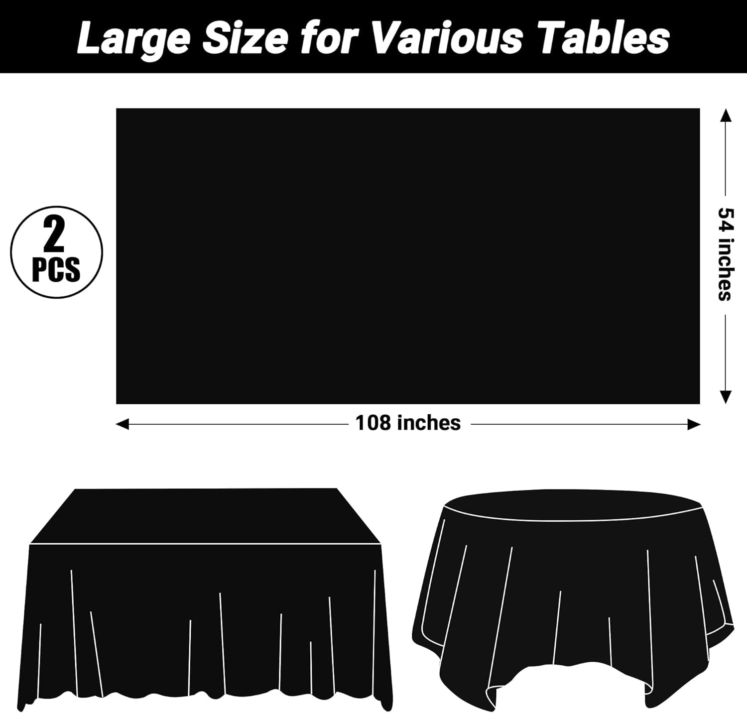 2 Pack Black Waterproof Plastic Table Cloths 54x108in Indoor Outdoor Use