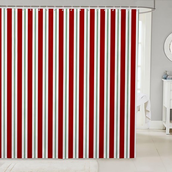 Red And Green Striped Christmas Shower Curtain Waterproof Fabric Bathroom Curtains with Hooks 71x71 inches