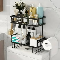 LightingGo Over the Toilet Storage Shelf, 2 Tier Bathroom Organizer Shower Rack Floating Rack with Hooks, Wall-Mounted Metal Toilet Paper Holder Storage