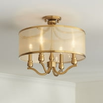 Possini Euro Design Nor Vintage Ceiling Light Semi Flush Mount Fixture 18" Wide Warm Antique Brass 4-Light Soft Gold Organza Drum Shade for Bedroom