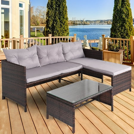 Costway 3 PCS Outdoor Rattan Furniture Sofa Set Lounge Chaise Cushioned Patio Garden New