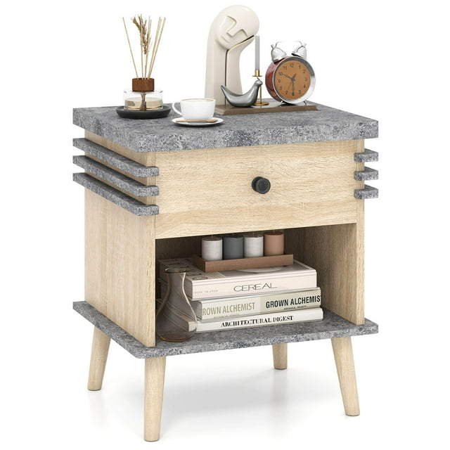 Costway 1 PCS 3-Tier Bedside Table with Antique Grey Faux Marble Top & Open Shelf