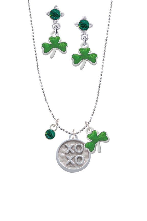 Silvertone XOXO - Round Seal Green Shamrock Necklace and Clover Earrings Jewelry Set