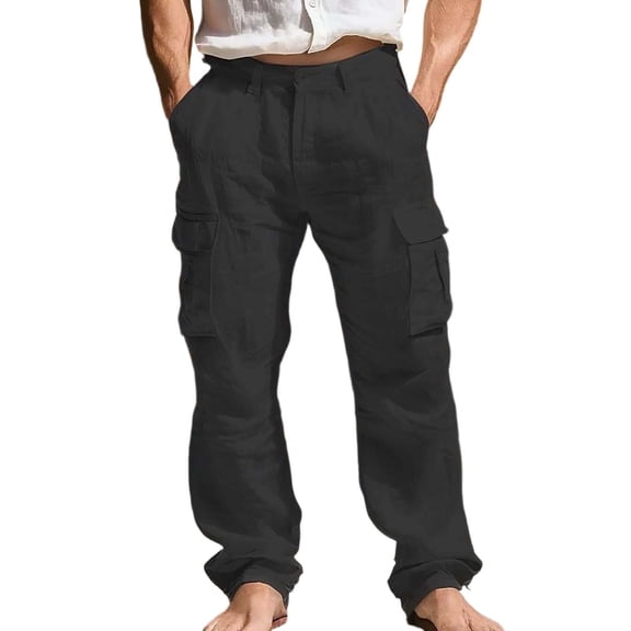 Chiccall Men's Cargo Pants Cotton Linen Pants Casual Button Zipper Straight Leg Summer Lightweight Yoga Beach Long Trousers with Pockets