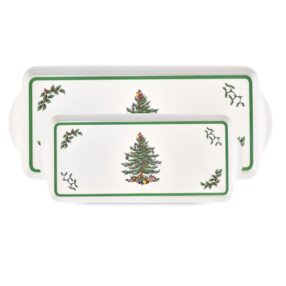 Pimpernel Christmas Tree Trays - Collectible Holiday Melamine Serveware Set, Ideal for Cookies, Sandwiches, Buffet Setup, 15" x 6.5" & 19" x 11.6" - Dishwasher Safe Holiday Party Essentials