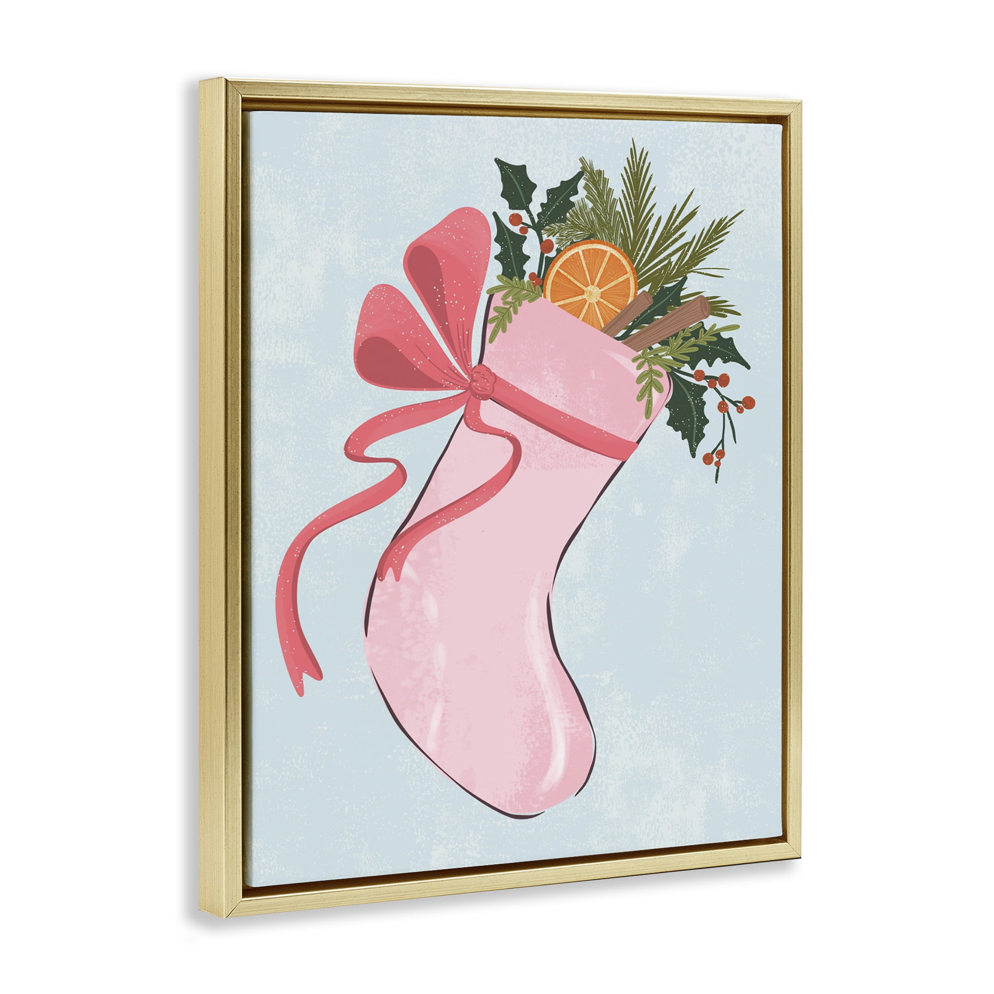 Stupell Industries Pink Filled Holiday Stocking Holiday Painting Gold Floater Framed Canvas Art Prints Wall Art, 17 x 21