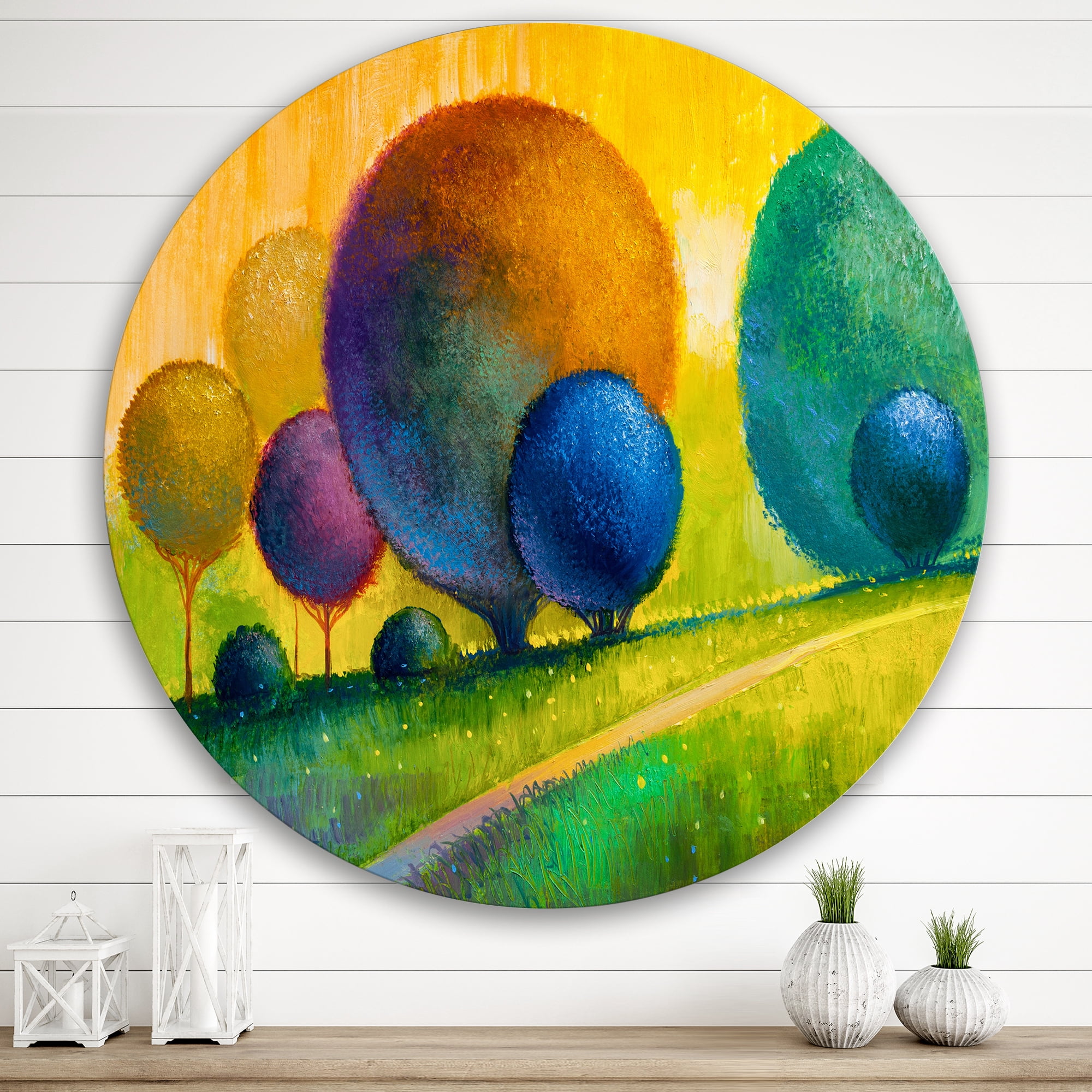 Designart 'Ornamental Colourful Trees III' Modern Circle Metal Wall Art 36x36 - Disc of 36