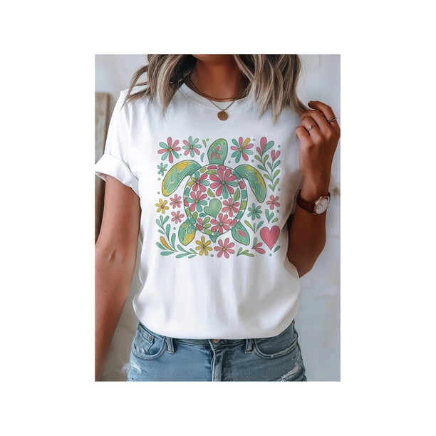 Women's Soft & Vibrant Sea Turtle & Floral Print Round Neck T-Shirt - Short Sleeve with Geometric Design, Machine Washable, Perfect Gift for Spring & Summer