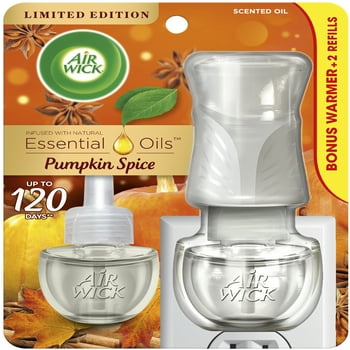 Air Wick Plug in Scented Oil Starter Kit (Warmer + 2 Refills), Pumpkin Spice, Fall Scent, Essential Oils, Air Freshener