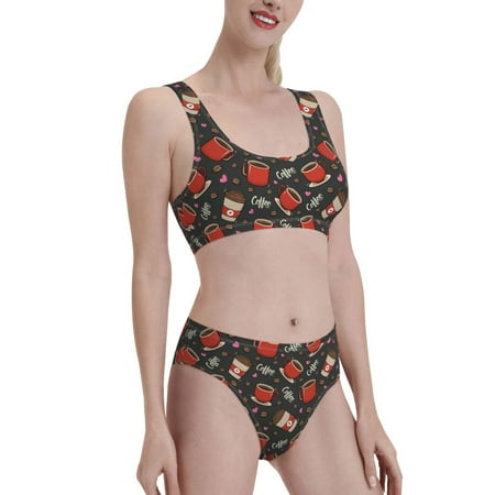 Uemuo coffee mug cup Printed Women s High Waisted Bikini Sets Sporty Two Piece Swimsuits Color Block Cheeky High Cut Bathing Suits-X-Large