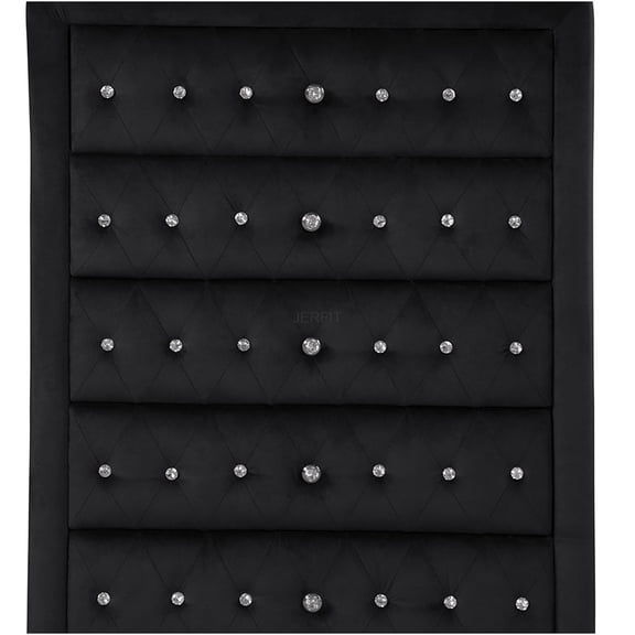 JERFIT Modern 5-Drawer Velvet Upholstered Dresser with Crystal Tufted Details, Wood Storage Chest for Bedroom, Black