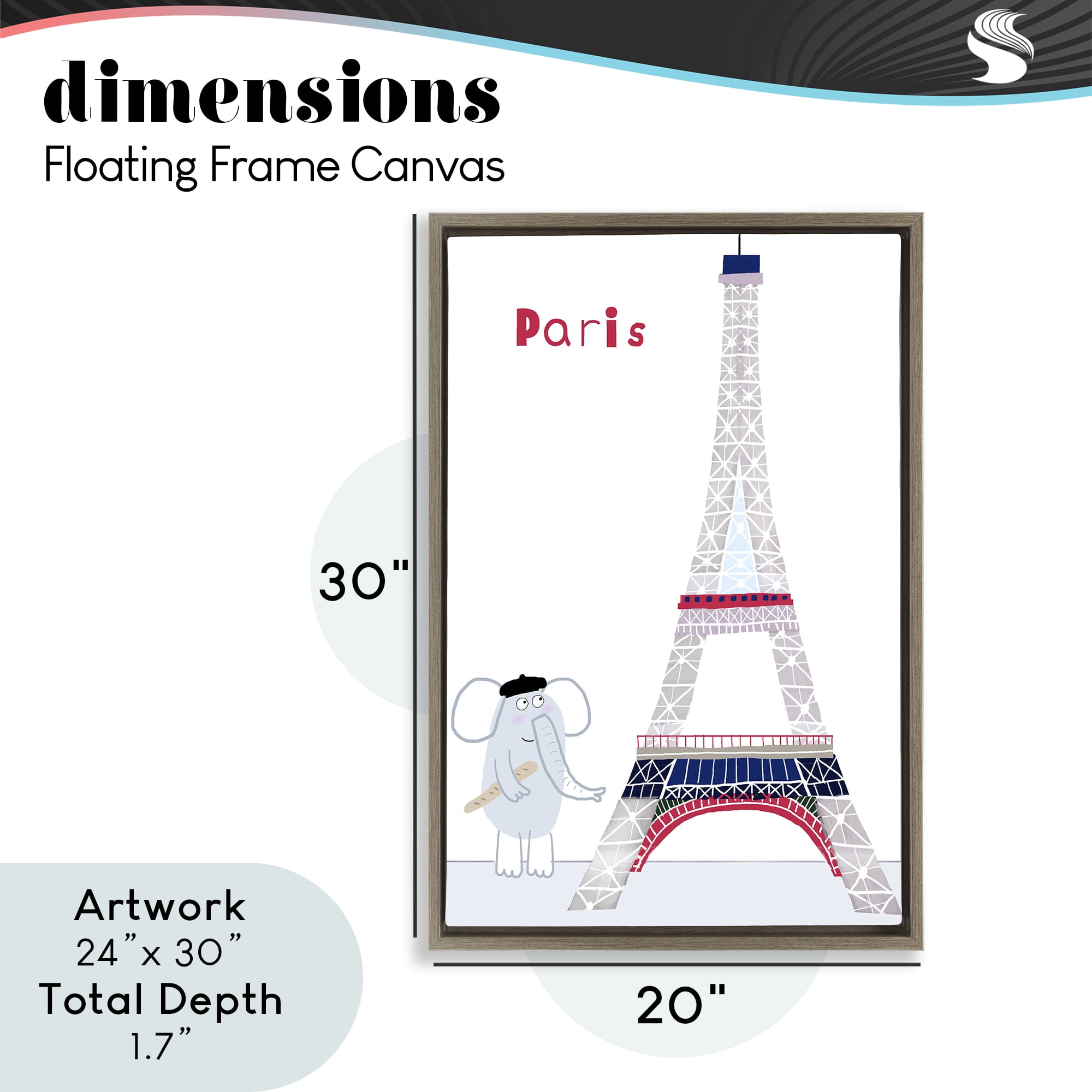 Elephant & Eiffel Tower Brown Framed Floater Canvas Wall Art, design by Carla Daly