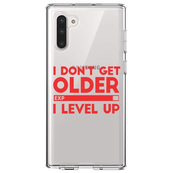 DistinctInk Clear Shockproof Hybrid Case for Samsung Galaxy Note 10 (6.3" Screen) - TPU Bumper Acrylic Back Tempered Glass Screen Protector - I Don't Get Older I Level Up - Gamer