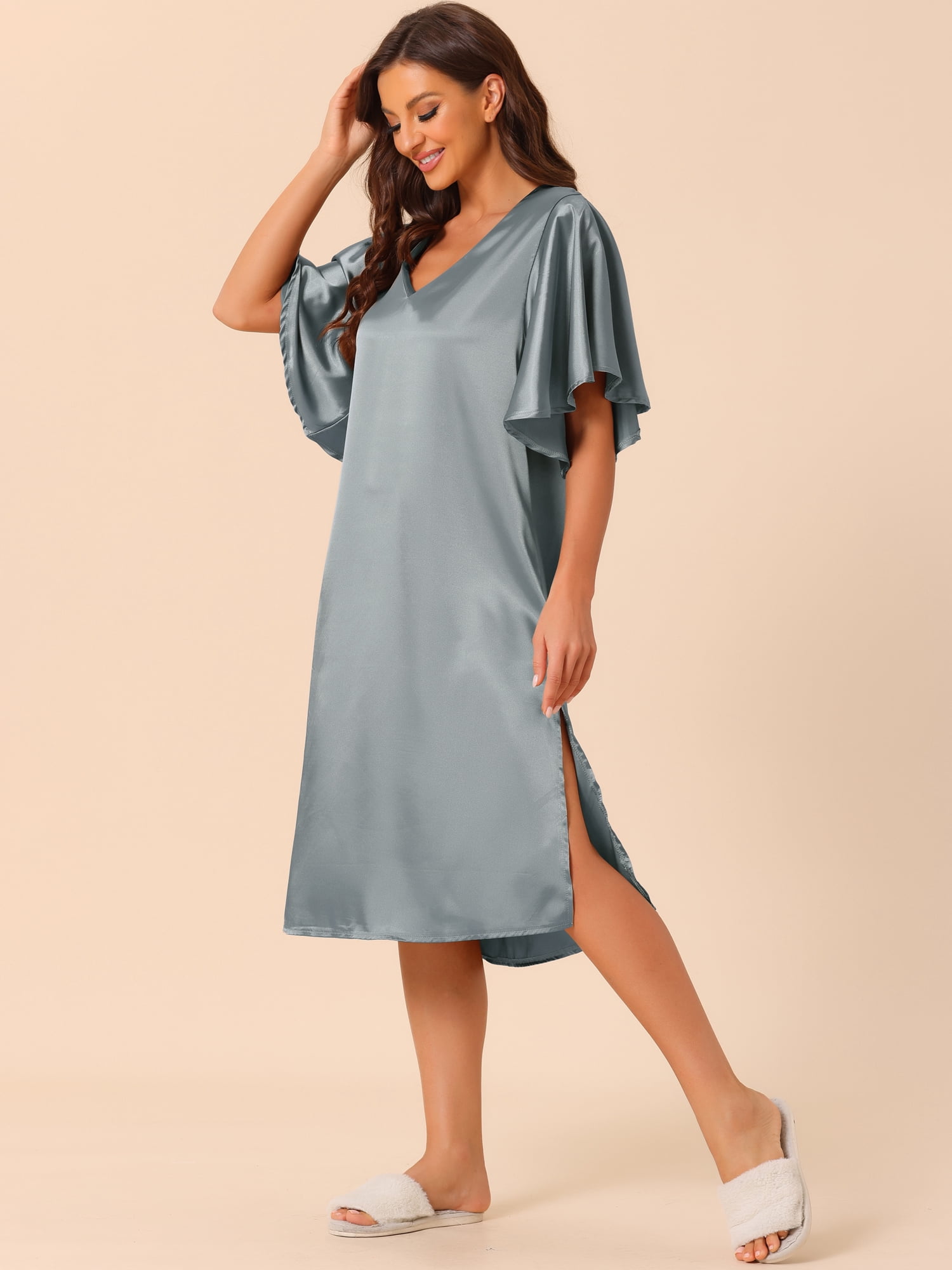 DARING DIVA Women's Satin Flare Bell Short Sleeve Nightgown XS Silver
