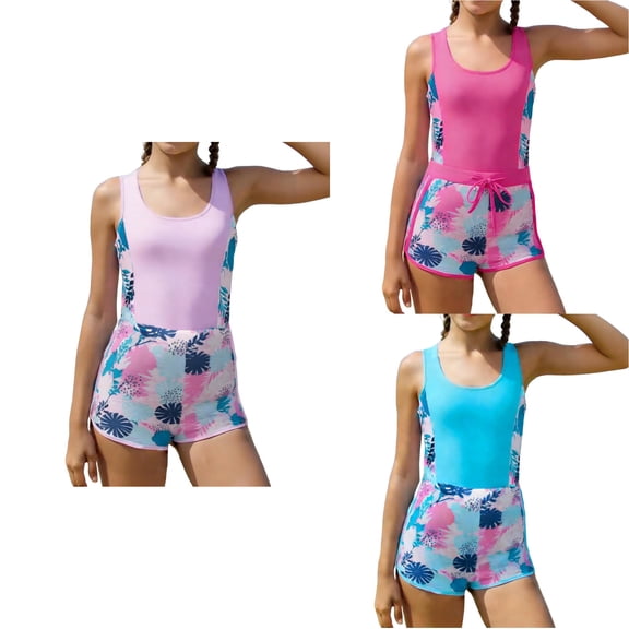 Loopsun Girls Print Jumpsuits and Shorts 2 Pcs Set Beach Soft Swimsuit Blue, 12-13Years
