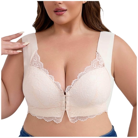 hoksml Front Closure Lace Bra - Seamless Wireless with Lightly Padded Push Up, Comfortable Everyday Wear