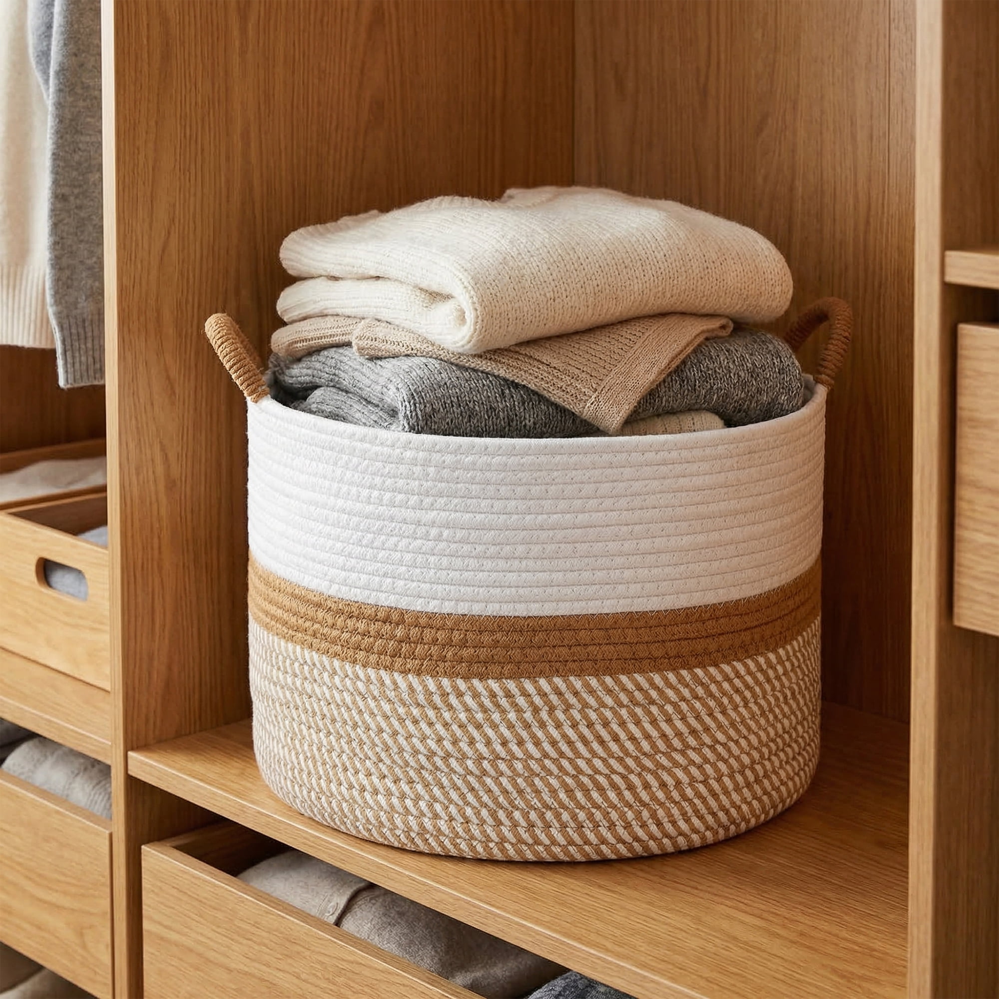 Unique Bargains Multiple Use Woven Storage Bin for Home White Coffee 15.7*15.7*11.8in