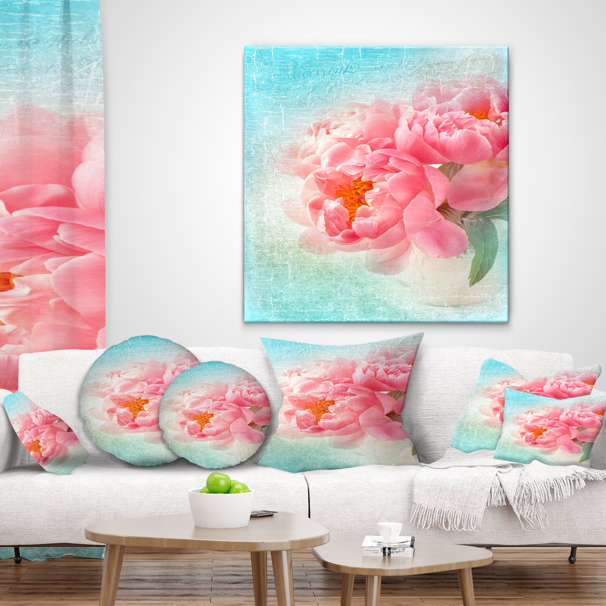 Designart Peony Flowers Merged to Blue - Floral Throw Pillow - 12x20
