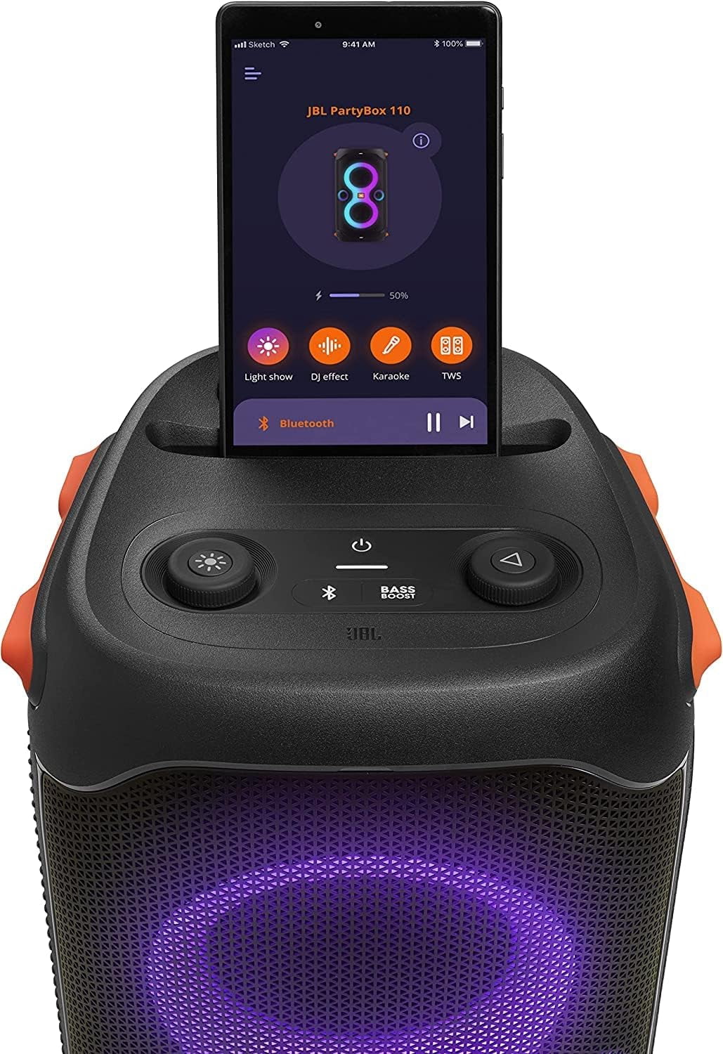 JBL Partybox 110 - Portable party speaker with 160W powerful sound, built-in lights and splashproof design - Black