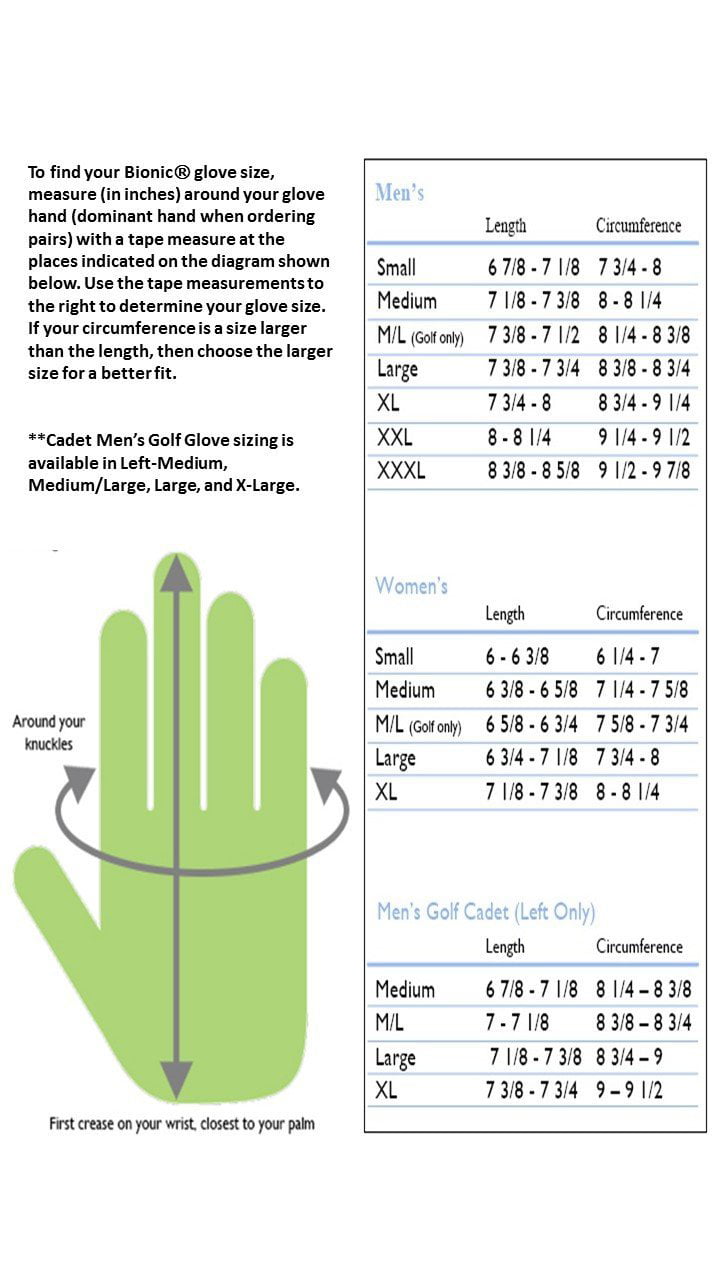 Cadet Golf Glove Size Chart