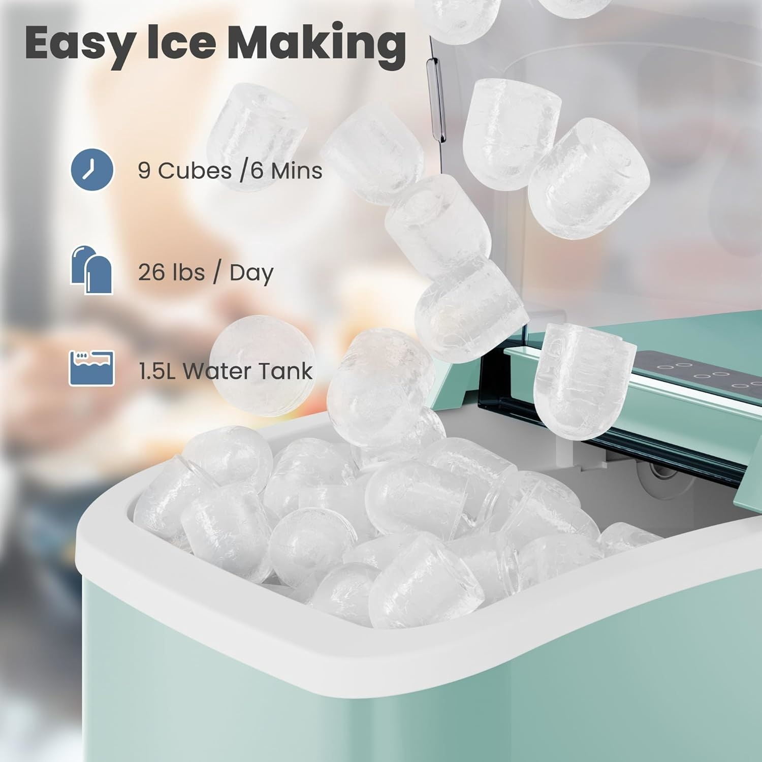 Countertop Ice Maker with Handle, 26lbs/24H Portable Ice Machine, 9 Bullet Cubes Ready in 6 Mins, Self-Cleaning, Quiet Compact for Home, Kitchen, RV, Camping, Green