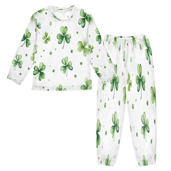Fluffy Pajamas Set Fuzzy Winter Warm Pj Sets Pullover Tops and Long Pants Shamrock Leaves X-Small