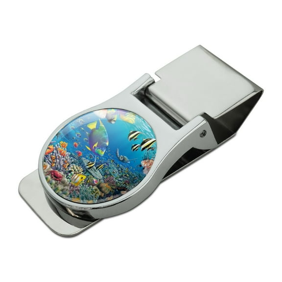 Ocean Coral Reef Angel Fish Garden Diving Satin Chrome Plated Metal Money Clip