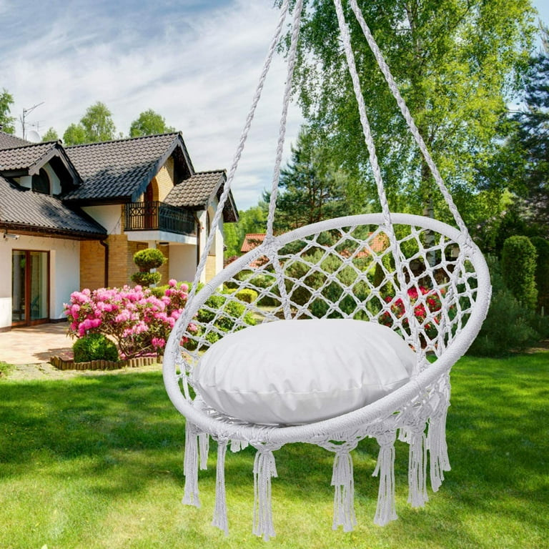 Hammock Chair Macrame Swing Chair Max 330 Lbs Hanging Chair Cotton Rope Hammock Chair Swing for Indoor and Outdoor Use White