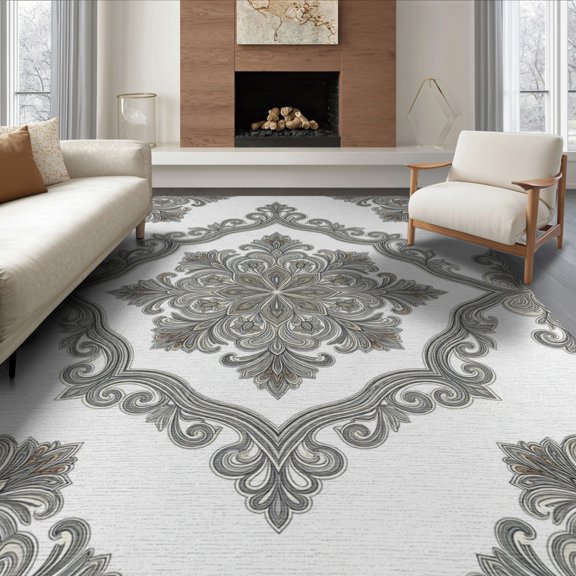 ODIKA 8'x10' Washable Area Rug Beige Cream Traditional Tracery Vine Decorative Covering Entryway for King Size Bedroom Under Bed, Master Suite, Non-Shedding, Easy Care