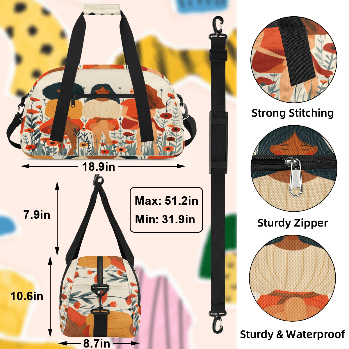 Herdesigns Sisters Theme Sports Duffle Bag for Women & Men, Floral Gym Bag Dance Bag Overnight Bag Carry On Weekender Travel Bag